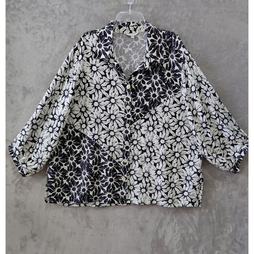 John Mark Floral Button Up Shirt Women's 2X Black White Balloon Sleeves Tunic